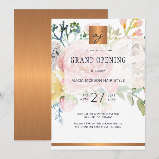 Invitation Luxe aquarelle or beauté salon grand ouverture (Devant / Derrière)