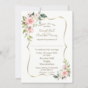 Invitation Luxe Aquarelle rose pâle Fleurs Mariage or