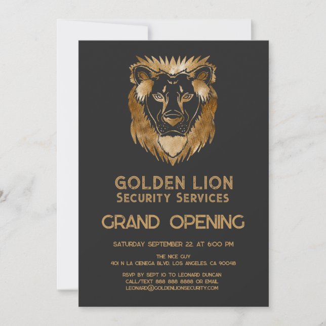 Invitation Luxe Black Gold Lion Business Logo Grand Ouverture (Devant)