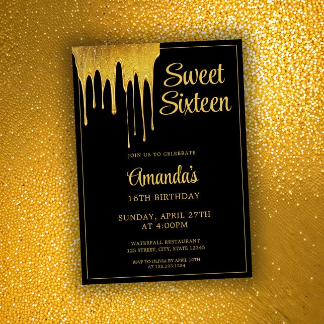 Invitation Luxe Black & Gold Parties scintillant Drip Sweet 1 (Créateur téléchargé)