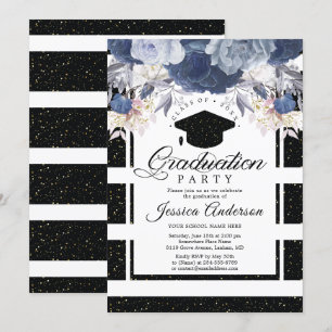 Invitation Luxe Black Gold Parties scintillant Floral Graduat