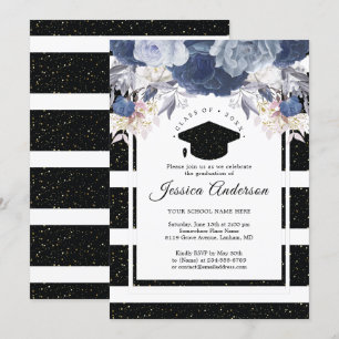 Invitation Luxe Black Gold Parties scintillant Floral Graduat
