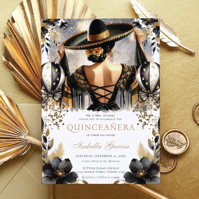 Invitation Luxe Black Gold style mexicain Quinceañera (Créateur téléchargé)