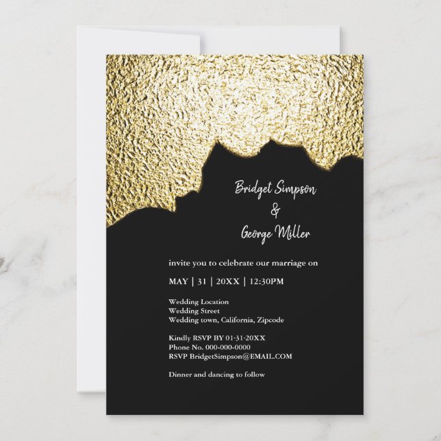 Invitation Luxe Black Gold Texted Mariage moderne texturé (Devant)