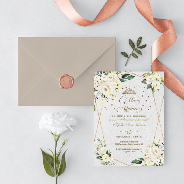 Invitation Luxe Blanc Floral Or Mis Quince Quinceañera (Créateur téléchargé)