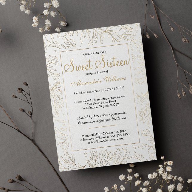 Invitation Luxe blanc or parties scintillant feuillage fleuri (Luxury white gold glitter foliage floral Sweet 16 )