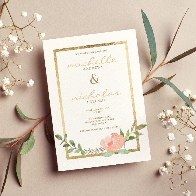 Invitation Luxe blanc or rose menthe mariage fleurie printemp (Luxury white gold pink mint spring floral wedding)