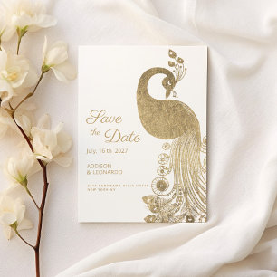 Invitation Luxe blanc or royal paon Enregistrer la date