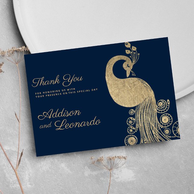 Invitation Luxe bleu or royal paon élégant Merci (Luxury blue gold royal peacock elegant Thank You )