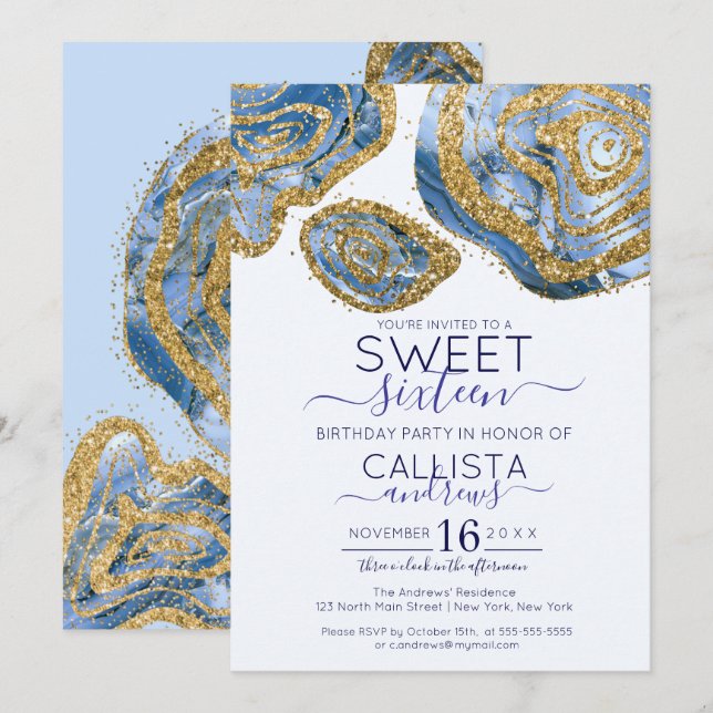 Invitation Luxe Blue Gold Marble Agate Parties scintillant Sw (Devant / Derrière)