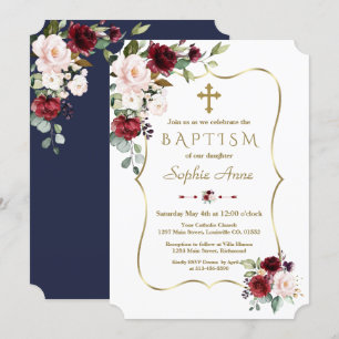 Invitation Luxe Blush Bourgogne Fleurs Gold Cross Baptême