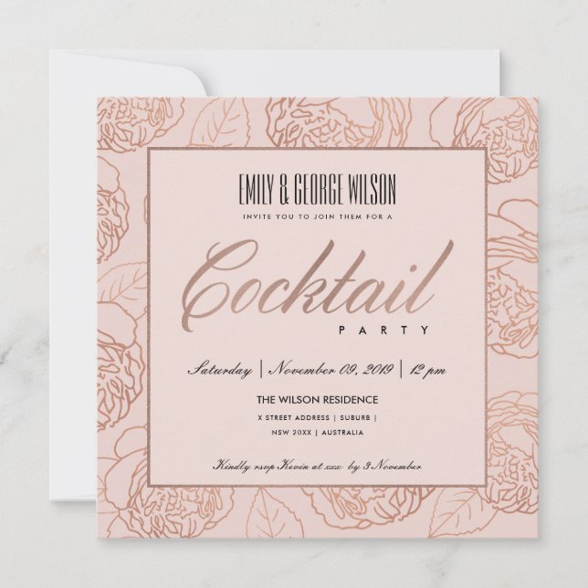 INVITATION LUXE BLUSH ROSE PÂLE OR FLORAL COCKTAIL PARTY (Devant)
