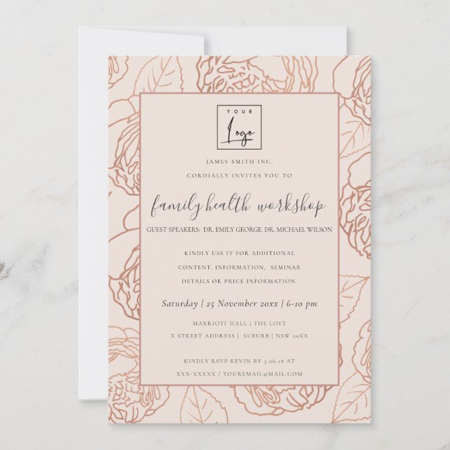 INVITATION LUXE BLUSH ROSE ROSE OR FLORAL ATELIER ÉVÉNEMENT (Devant)