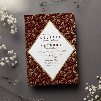 Invitation Luxe bordeaux or romantique mariage floral