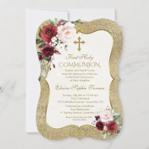 Invitation Luxe Bourgogne Blush Floral Gold Première communio