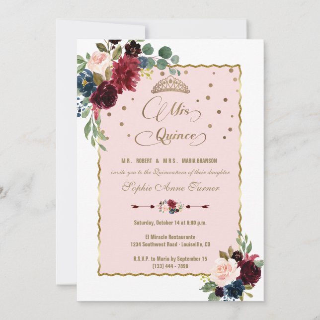 Invitation Luxe Bourgogne Floral Or Mis Quince Quinceañera (Devant)