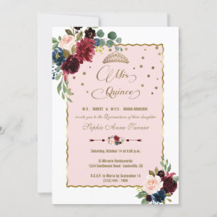 Invitation Luxe Bourgogne Floral Or Mis Quince Quinceañera