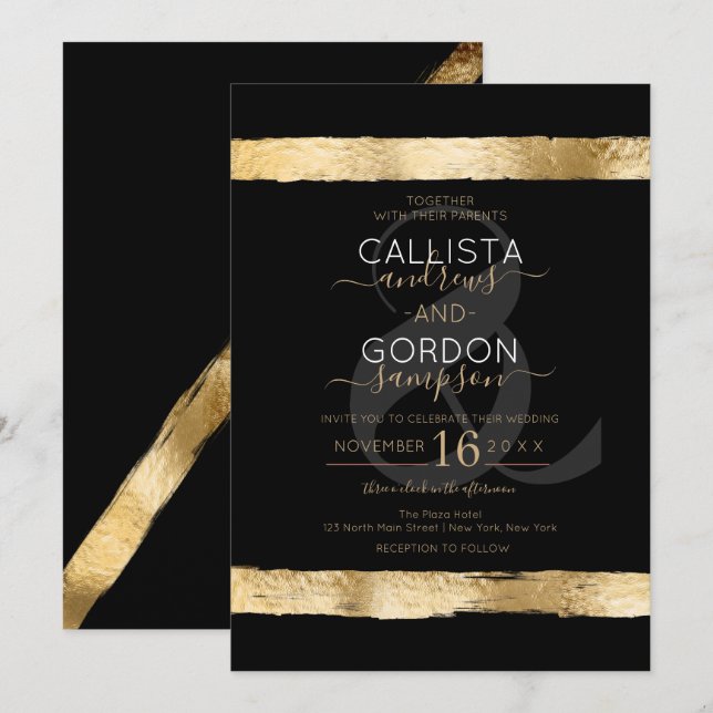 Invitation Luxe Chic Black Gold Brushstroke Mariage frontière (Devant / Derrière)