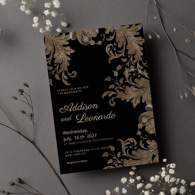 Invitation Luxe chic Mariage en dentelle fleurie or noir (Luxury chic black gold floral lace Wedding )