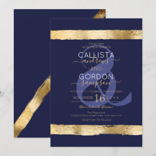 Invitation Luxe Chic Navy Gold Brushstroke Border Mariage
