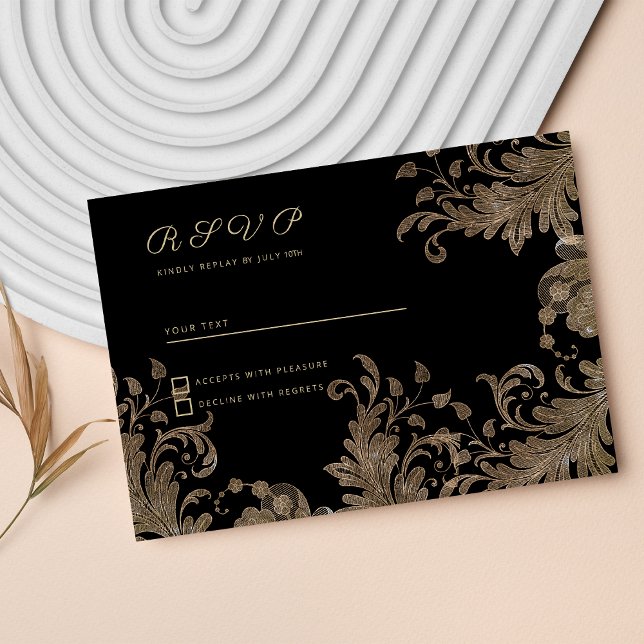 Invitation Luxe chic or noir dentelle florale RSVP (Luxury chic black gold floral lace RSVP )