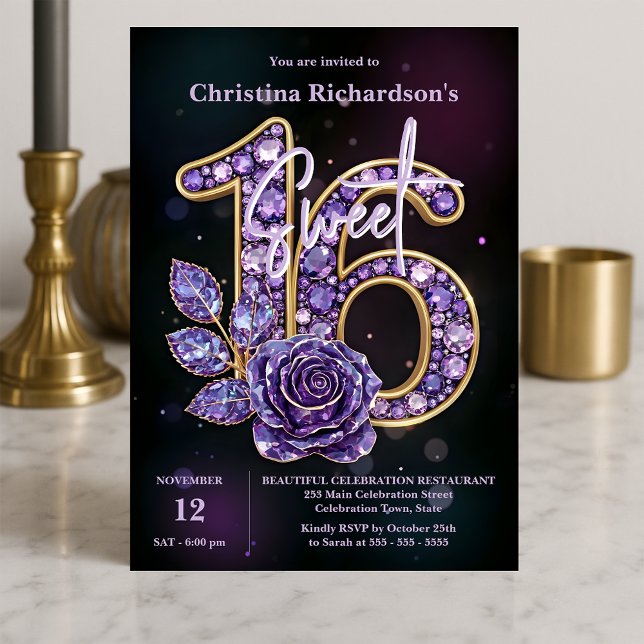 Invitation Luxe Chic Purple Amethyst Gemstone Rose Sweet 16 (Créateur téléchargé)