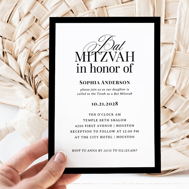 Invitation Luxe classique | Élégant Bat mitzvah noir et blanc (Créateur téléchargé)