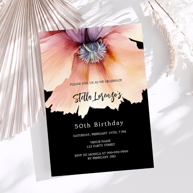 Invitation Luxe d'anniversaire floral couleur pêche noire (Créateur téléchargé)