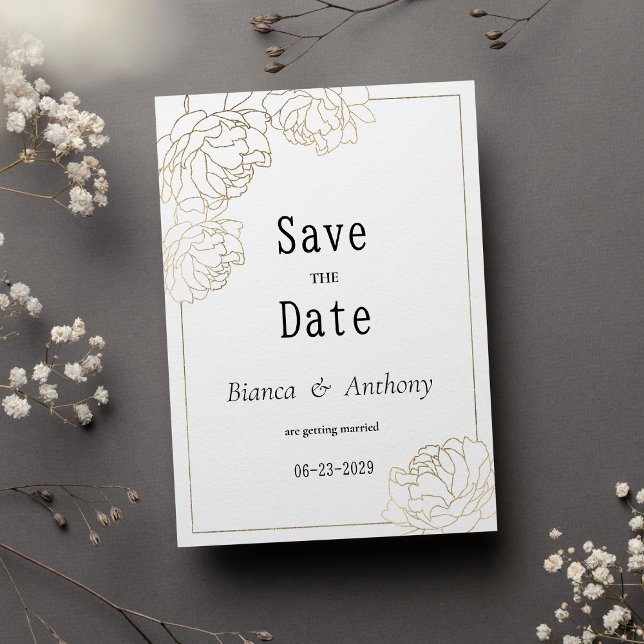 Invitation Luxe de la typographie or blanc pivoine Enregistre (Luxury white gold typography peony Save the Date )