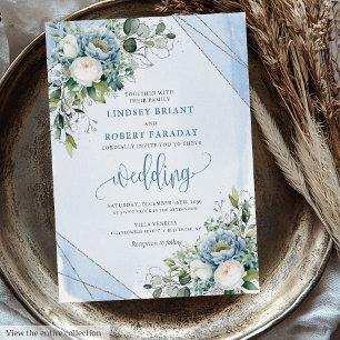 Invitation Luxe Dusty Bleu Blanc Fleurs d'argent Mariage
