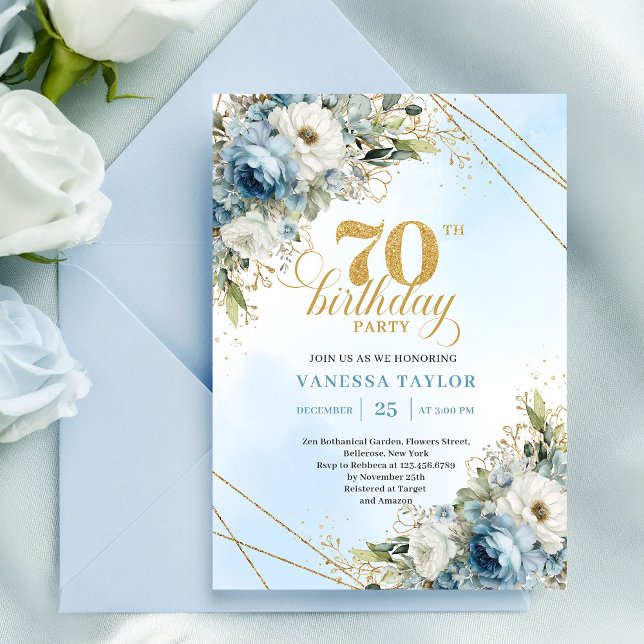 Invitation Luxe dusty blue florals gold frame 70th birthday  (Luxe dusty blue florals gold frame 70th birthday invite

)