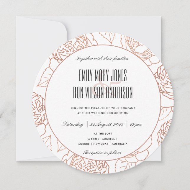 INVITATION LUXE ELEGANT BLUSH ROSE ROSE OR FLORAL MARIAGE (Devant)