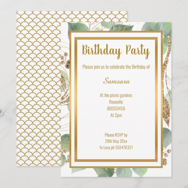 INVITATION LUXE EUCALYPTUS MERMAID INSPIRÉ TOUTE OCCASION (Devant / Derrière)