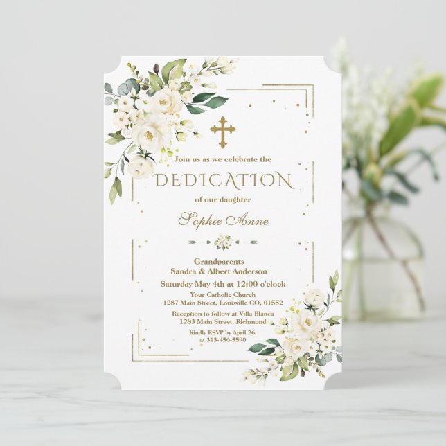 Invitation Luxe Fleurs Blanches Parties scintillant Or Dedica (Debout devant)