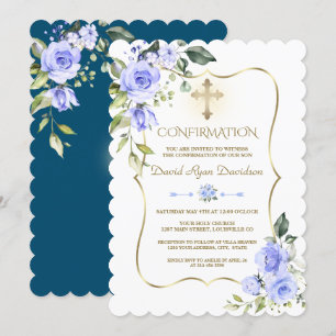 Invitation Luxe Fleurs Bleues Or Frame Boy Confirmation