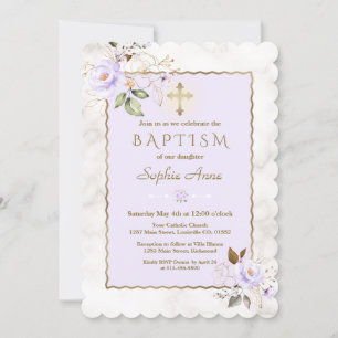 Invitation Luxe Fleurs d'or violet clair en marbre Baptême