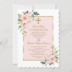 Invitation Luxe Fleurs Flush Or Première Sainte Communion
