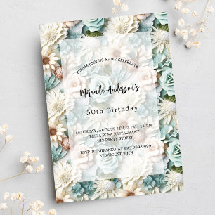 Invitation Luxe floral blanc vert poussiéreux d'anniversaire