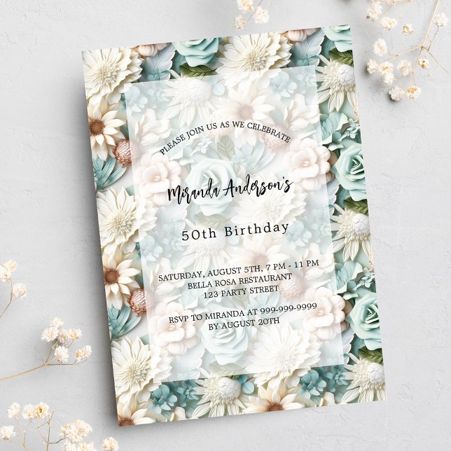 Invitation Luxe floral blanc vert poussiéreux d'anniversaire (Créateur téléchargé)
