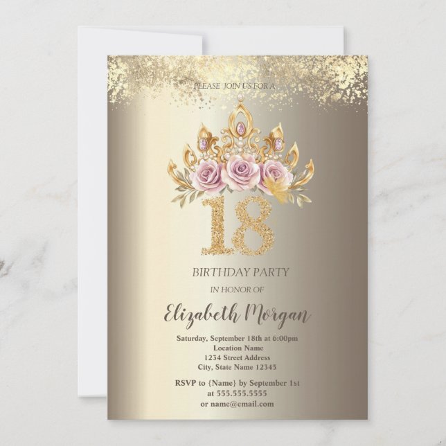 Invitation Luxe Floral Crown Gold Confetti 18e anniversaire (Devant)