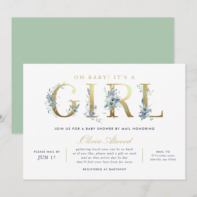Invitation Luxe Floral Girl Baby shower par la poste (Devant / Derrière)