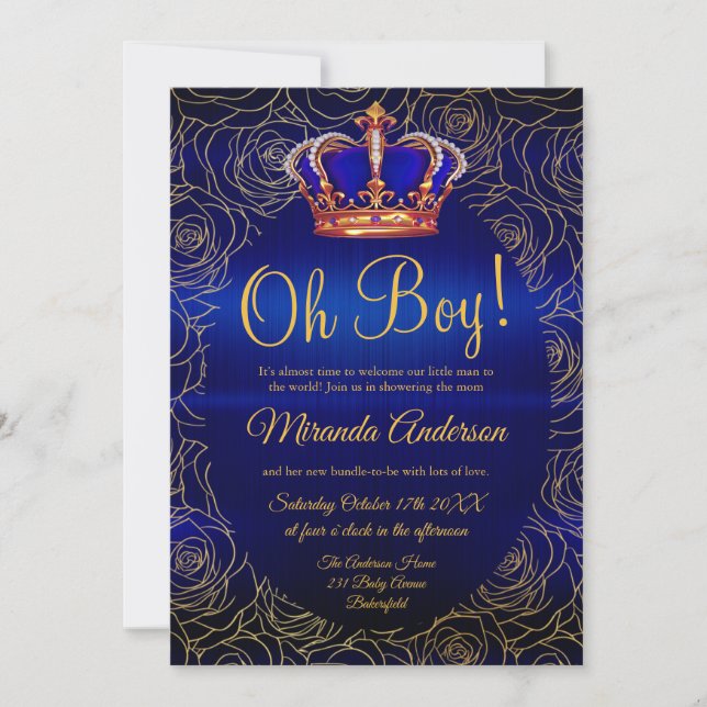Invitation Luxe Floral Gold Royal Blue Baby shower (Devant)