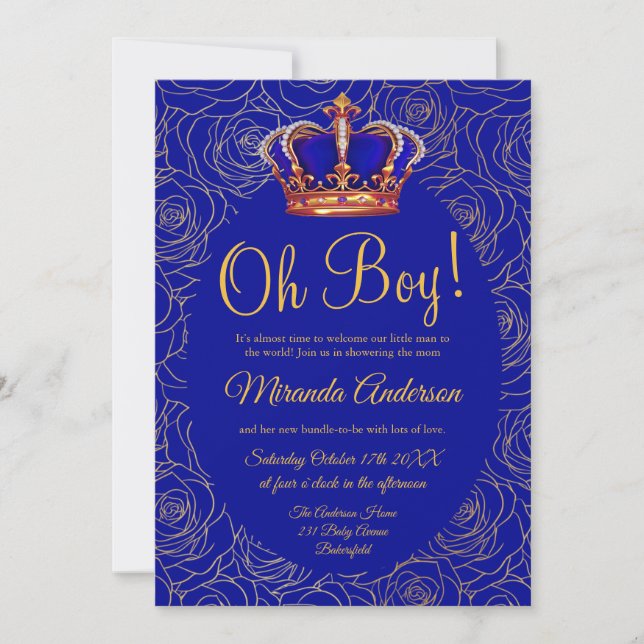 Invitation Luxe Floral Gold Royal Blue Baby shower (Devant)