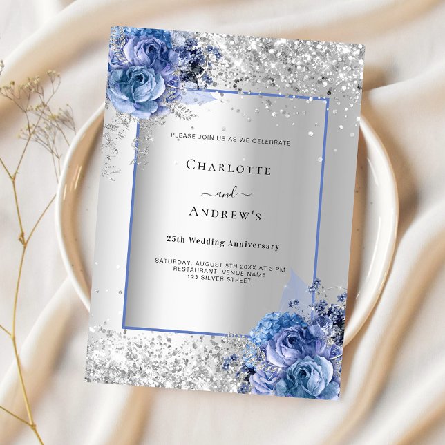 Invitation Luxe florale bleu argent 25e anniversaire de maria (Créateur téléchargé)