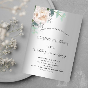 Invitation Luxe florale d'argent 25e anniversaire mariage