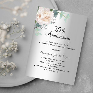 Invitation Luxe florale d'argent 25e anniversaire mariage