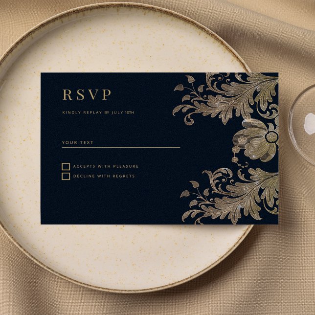 Invitation Luxe florale en dentelle d'or bleu marine RSVP (Navy blue gold lace floral luxury RSVP )