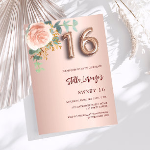 Invitation Luxe florale rose or rose Sweet 16