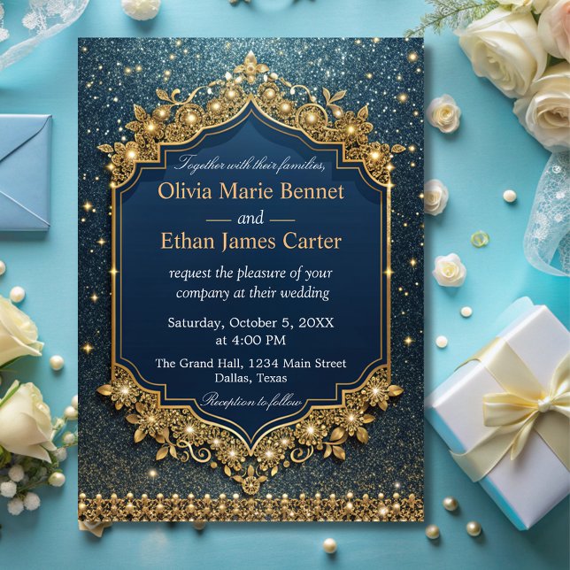 Invitation luxe glam moderne Parties scintillant bleue or chi (Créateur téléchargé)