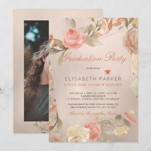 Invitation Luxe Glam Peach Floral PHOTO Graduation Party